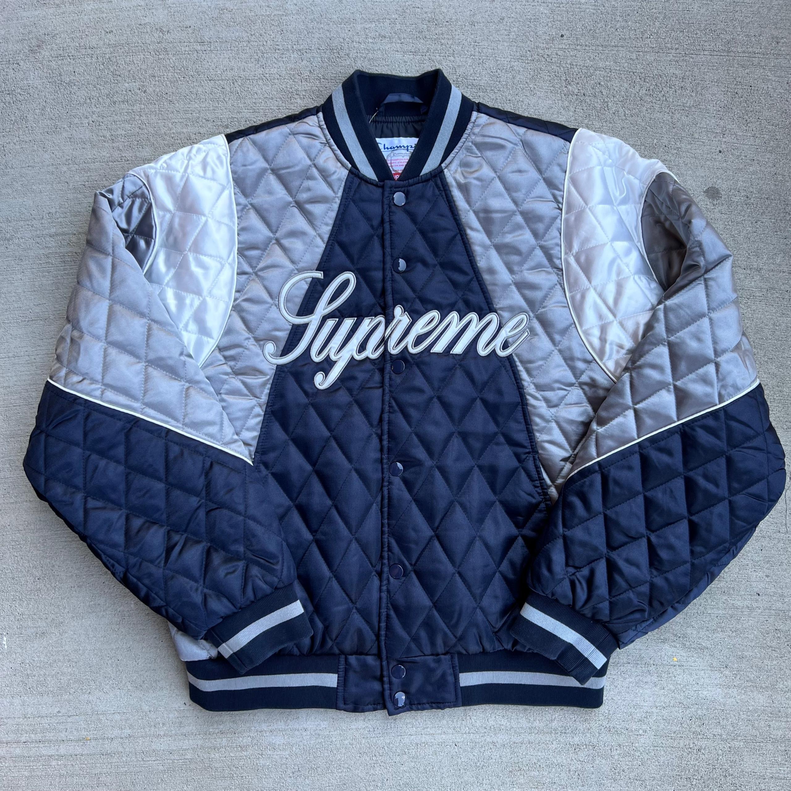 Supreme Champion Quilted Satin Varsity Jacket Navy