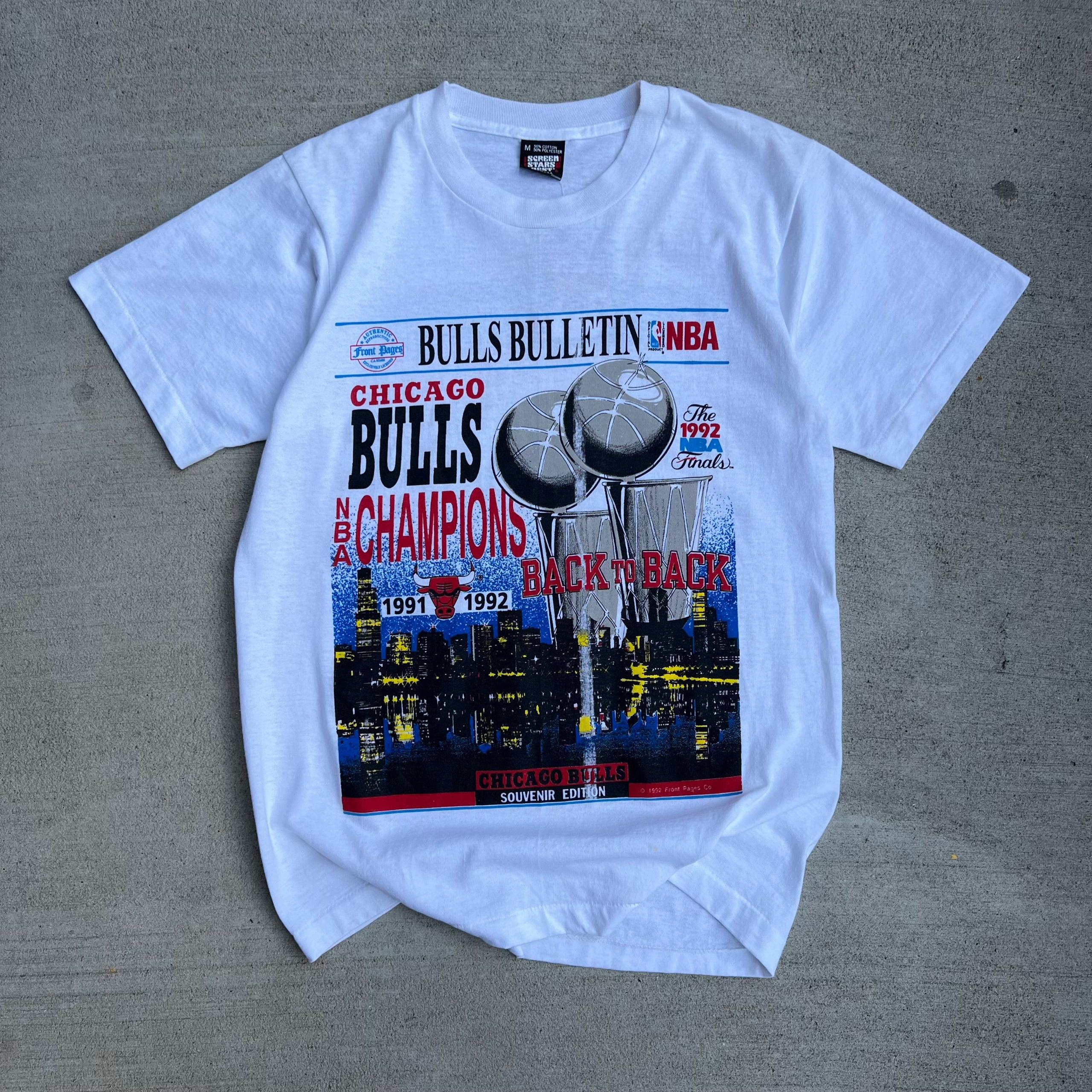 Chicago Bulls Newspaper Back to Back Champs White Tee